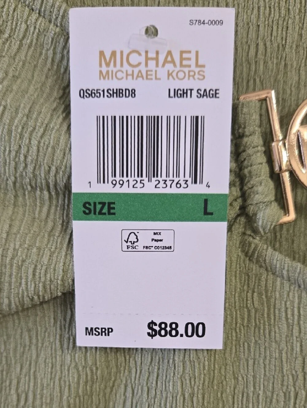 Michael Kors Light Green Sleeveless Textured Tank with Gold MK Accent